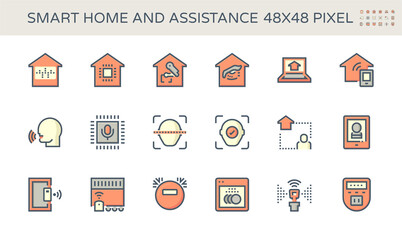 Smart home system and digital technology vector icon set. Consist of voice assistant or recognition, security and automation. To monitoring and control by remote, ai, app in mobile or smartphone.