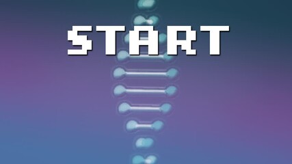 Animation of white pixel text start, over rotating dna strand, on purple background - Powered by Adobe