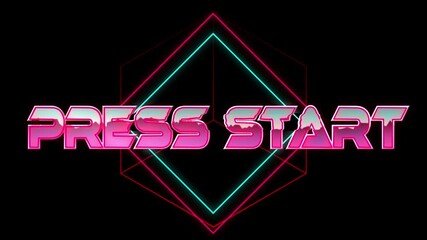 Animation of press start text in pink metallic, over neon lines on black
