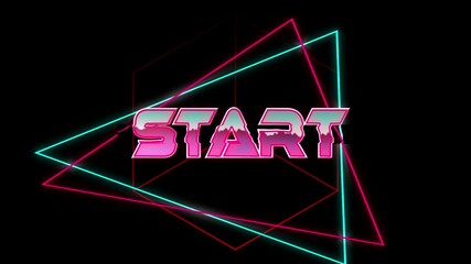 Animation of start text in pink metallic, over neon lines on black