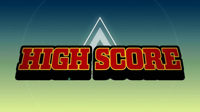 Animation of red text high score, over explosion and rotating white shapes, on and yellow and blue