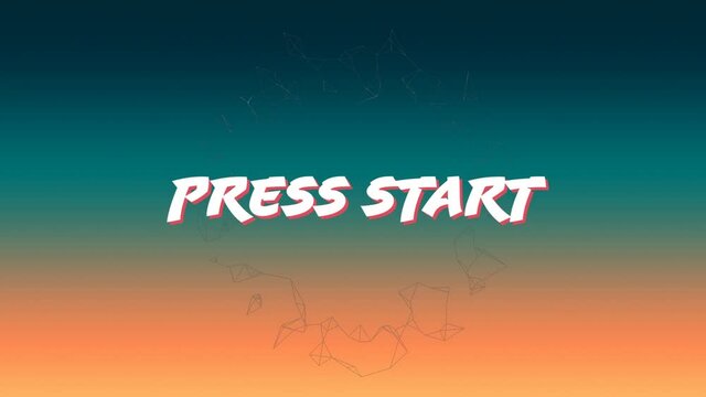 Animation of white text press start, over transparent rotating network, on sunset sky background