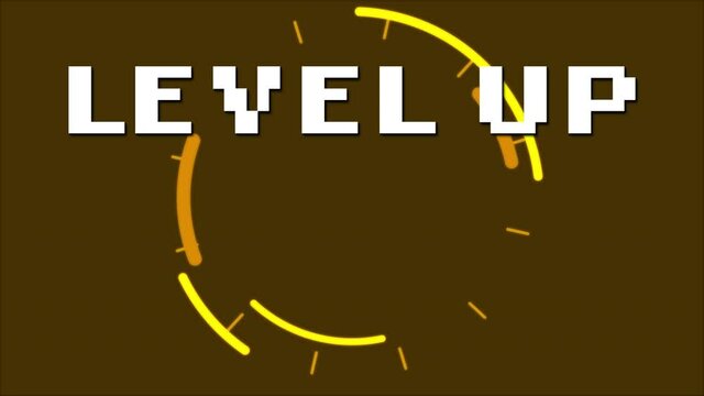 Animation of white pixel text level up, over rotating yellow rings, on brown and lilac backgrounds