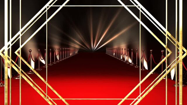 Animation of gold line pattern over red carpet venue, with moving spotlights