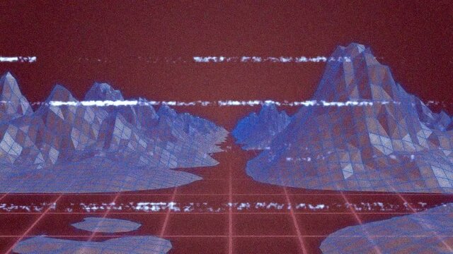 Animation of white lines of interference, over pink grid and blue landscape, on brown
