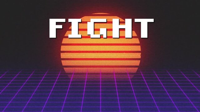 Animation of white pixel text fight, over moving purple grid with orange sun