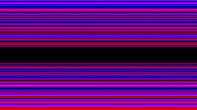 Red and blue horizontal hi tech lines, seamless loop. Animation. Parallel colorful lines flowing towards the black center of the screen.