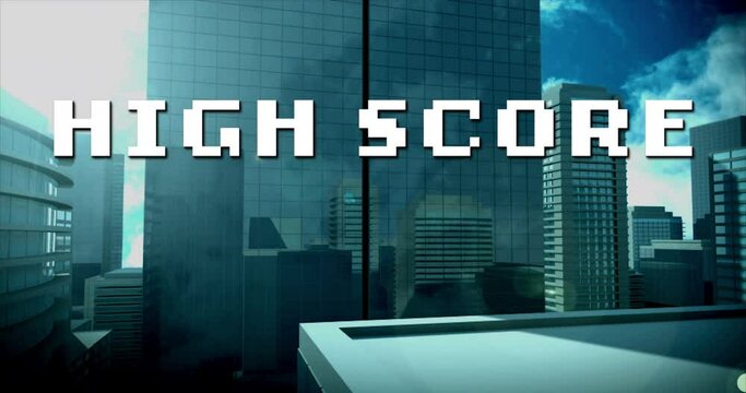Animation of white pixel text high score, over modern cityscape