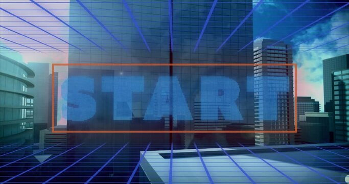 Animation of blue text start, in red rectangle, over modern cityscape