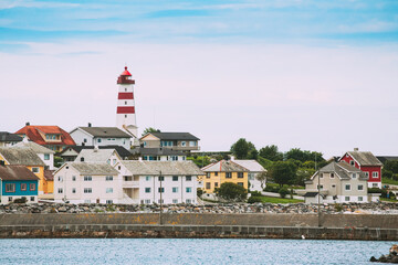 Alnesgard, Godoya, Norway. Old Alnes Lighthouse In Summer Day In Godoy Island Near Alesund Town. Alnes Fyr