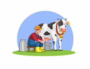 Farmer milking a cow, fresh organic milk from animal farm illustration vector
