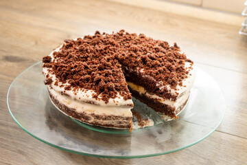 Tasty cake decorated with chocolate glaze. food concept