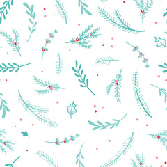 Lovely hand drawn Christmas branches seamless pattern, cute doodle background with fir, holly berries and decoration - great for wrapping, textiles, banners, wallpapers - vector design