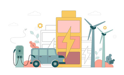 Fototapeta premium Green energy. Solar panels, wind turbines and battery storage. Vector illustration on white background