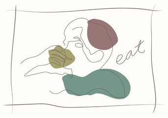 Abstract painting art in which a person puts his hand near his mouth and eats something