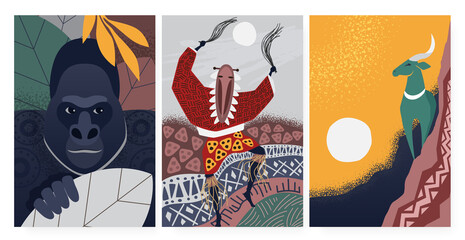 Culture symbols from Africa, tribal ethnic decorative pattern, wall art decor vector illustration. Cartoon dancing shaman on ceremony, gorilla, antelope kudu animals in african wallpaper set © lembergvector