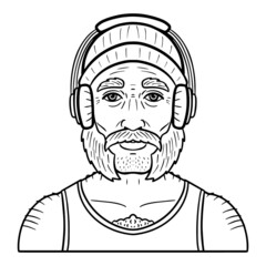 man with beard, headphones and hat. comic avatar, monochrome.