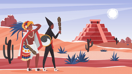 Aztec tribe people in wild desert landscape vector illustration. Cartoon warior characters standing near altar pyramid building of ancient aztec civilization, history of Mexico, education background - obrazy, fototapety, plakaty