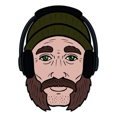 man with whiskers and headphones. comic avatar.