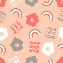 Seamless pattern with houses and rainbows