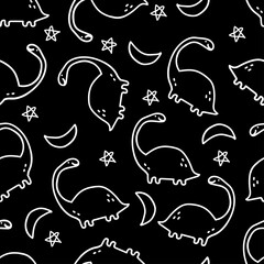 Seamless pattern with dinosaurs, stars and moons