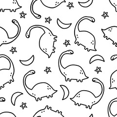 Seamless pattern with dinosaurs, stars and moons