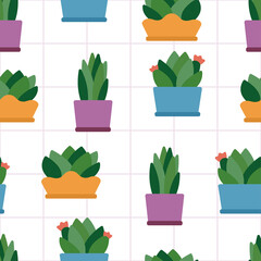 Seamless pattern with homeplants in pots