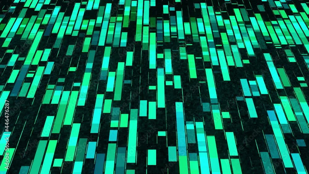 Poster abstract geometric technological pattern with blocks of data moving on black background. animation. 