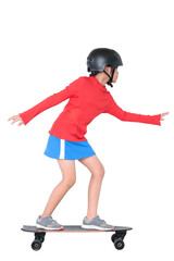 Fototapeta premium The girl playing skateboard with funny action. Isolated photo on white background.