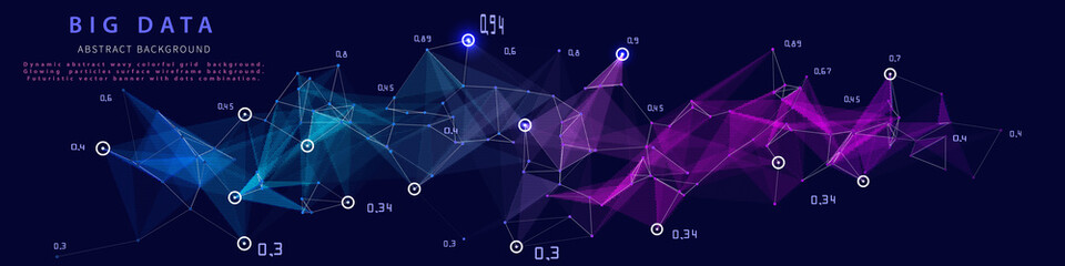 Abstract analytical background with polygonal grid analyze data on blue.  Analytics algorithms data. Big data. Quantum cryptography concept. Data chart.  Banner for business, science and technology. 