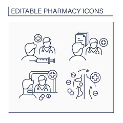 Pharmacy line icons set.Community pharmacy, efficacy, specialty drugs, pharmaceutical care. Healthcare concept. Isolated vector illustrations. Editable stroke