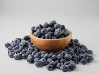 Blueberry fruit top view isolated on a white background, flat lay overhead layout with mint leaf, healthy design concept.