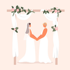 Happy lesbian couple. LGBTQ wedding. Two lesbian brides hold hands under a beautiful arch decorated with flowers. Vector template for greeting card, invitation card, poster, flyer. Eps 10.