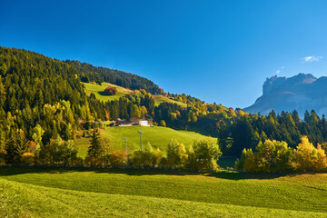 Fototapeta na wymiar Stunning alpine Landscape at sautumn sunny day. Alpine meadow and road, mountains on background. amazing nature Landscape. Dolomites Alps. Italy.