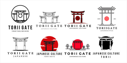 set of torii gate logo vintage and line art vector illustration template icon design. bundle collection of various torii emblem japanese culture label - obrazy, fototapety, plakaty