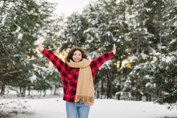 Happy Girl In Red Jachet The Snow Forest. Cold Winter. Cup of tea.