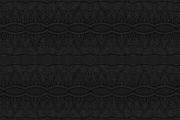 3D volumetric convex embossed geometric black background. Ethnic oriental, asian, indian pattern with handmade elements. Artistic unique ornament in the style of doodling.