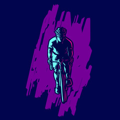 Fototapeta na wymiar Riding bicycle road bike mountain biker line art logo. Colorful design with dark background.
