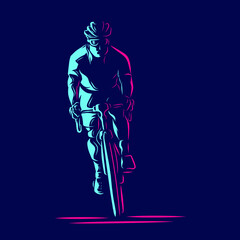 Riding bicycle road bike mountain biker line art logo. Colorful design with dark background.