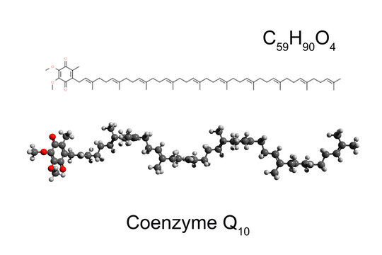 Chemical formula, skeletal formula, and 3D ball-and-stick model of coenzyme Q10 (ubiquinone), white background	