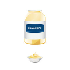 Mayonnaise in glass bottle with ceramic bowl. Jar with white sauce. Condiment container in cartoon style. Vector illustration.