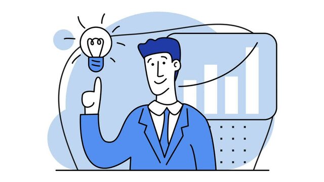 Idea. Startup. Database analysis. Digital Solutions Business Analytics, Planning. Business Marketing illustrations. Scenes with men taking part in business activities. Blue shades. 2d flat animation.