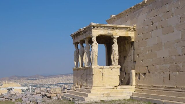 Tracking motion of the close side porch of the Caryatids at the Erechtheum Temple on the Acropolis, Athens, Greece
