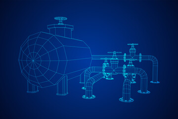 Oil tank storage of flammable materials and pipeline with valve. Finance economy polygonal petrol production. Petroleum fuel industry transportation line. Wireframe low poly mesh vector illustration.