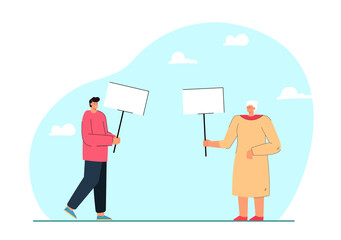 Elderly woman and young man holding banners. Flat vector illustration. People of different ages declaring their rights and interests at rally. Society, active position, generation, politics concept