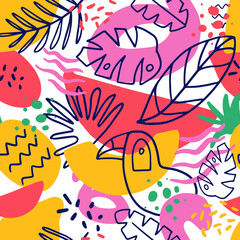 Abstract funky leaves and fruits summer tropical pattern. Hipster trendy style texture. Seamless vector flat pattern.