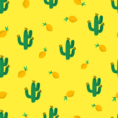 Hand drawn funky cactuses and lemons summer pattern. Hipster trendy style texture. Seamless vector flat pattern.