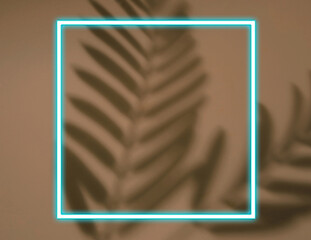 Neon frame for writing text. Shadows of palm leaves on a brown background. Silhouettes of leaves.