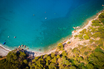 Drone view of Kabak Valley in Fethiye, Turkey. A hidden gem along the Turkish Riviera, Mediterranean Sea.