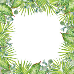 Fototapeta na wymiar Square frame with watercolor tropical leaves and branches